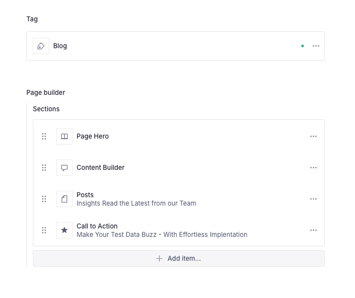 Skjermbilde fra publiseringsløsninegn Sanity som viser innholdsblokker i en sidebygger