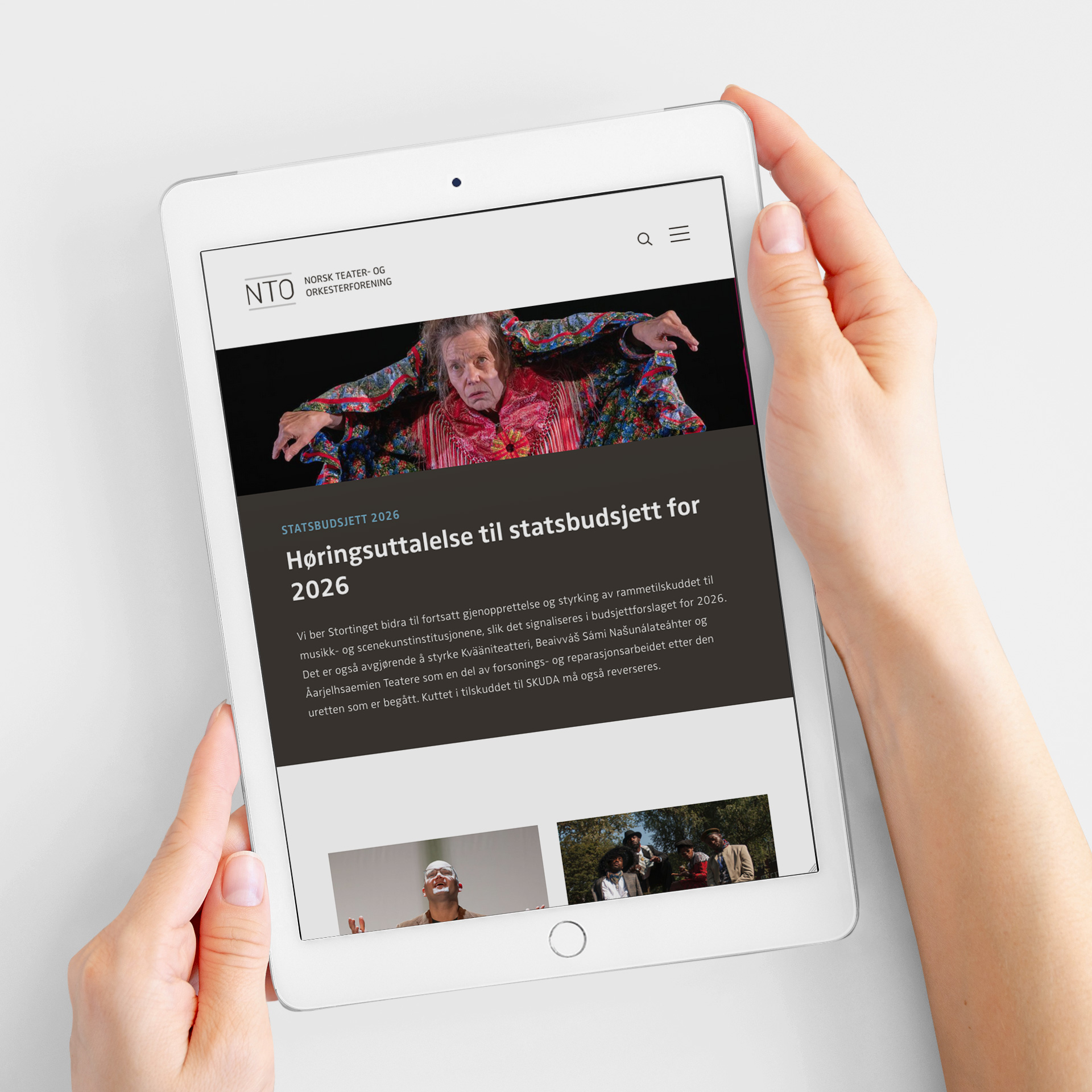 Illustrasjonsbilde som viser nettsiden til Norsk Teater- og Orkesterforening på et nettbrett