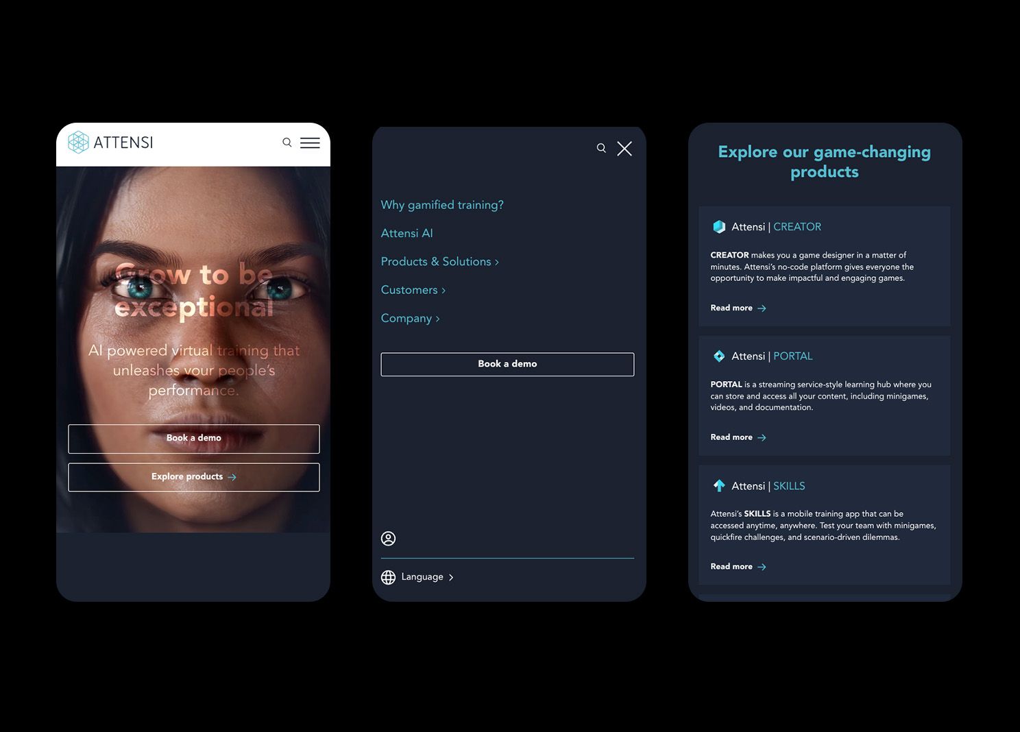 Illustrasjonsbilde som viser 3 skjembilder fra nettsiden til Attensi på mobil