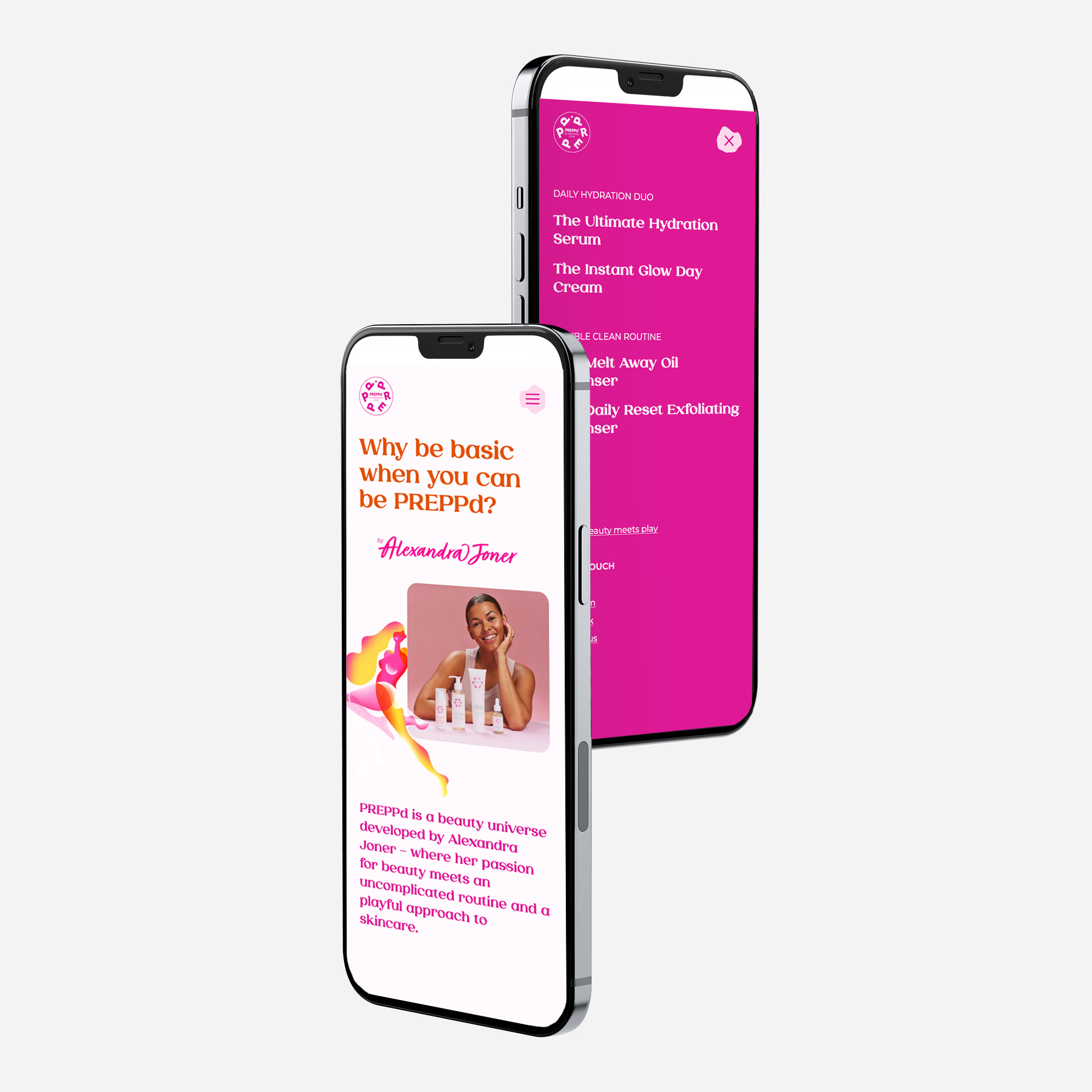 Illustrasjonsbilde av mobiltelefoner med skjermbilde fra Preppd nettsiden og mobilmenyen