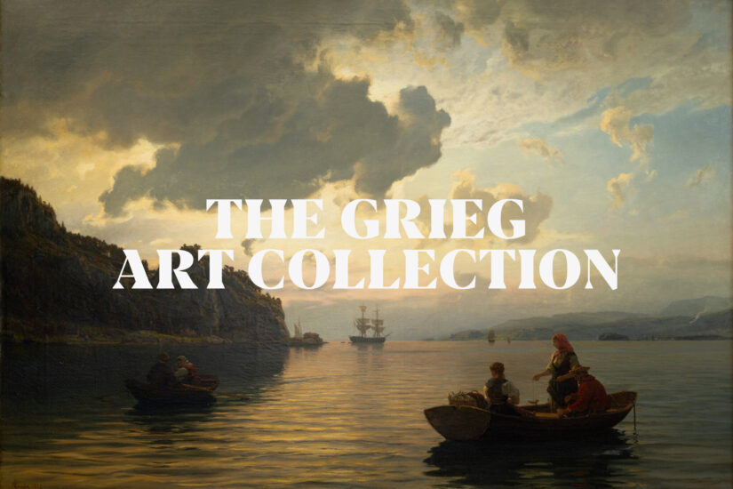 Illustrasjonsbilde med logen til The Grieg Art Collection vist over et maleri av båter i en fjord
