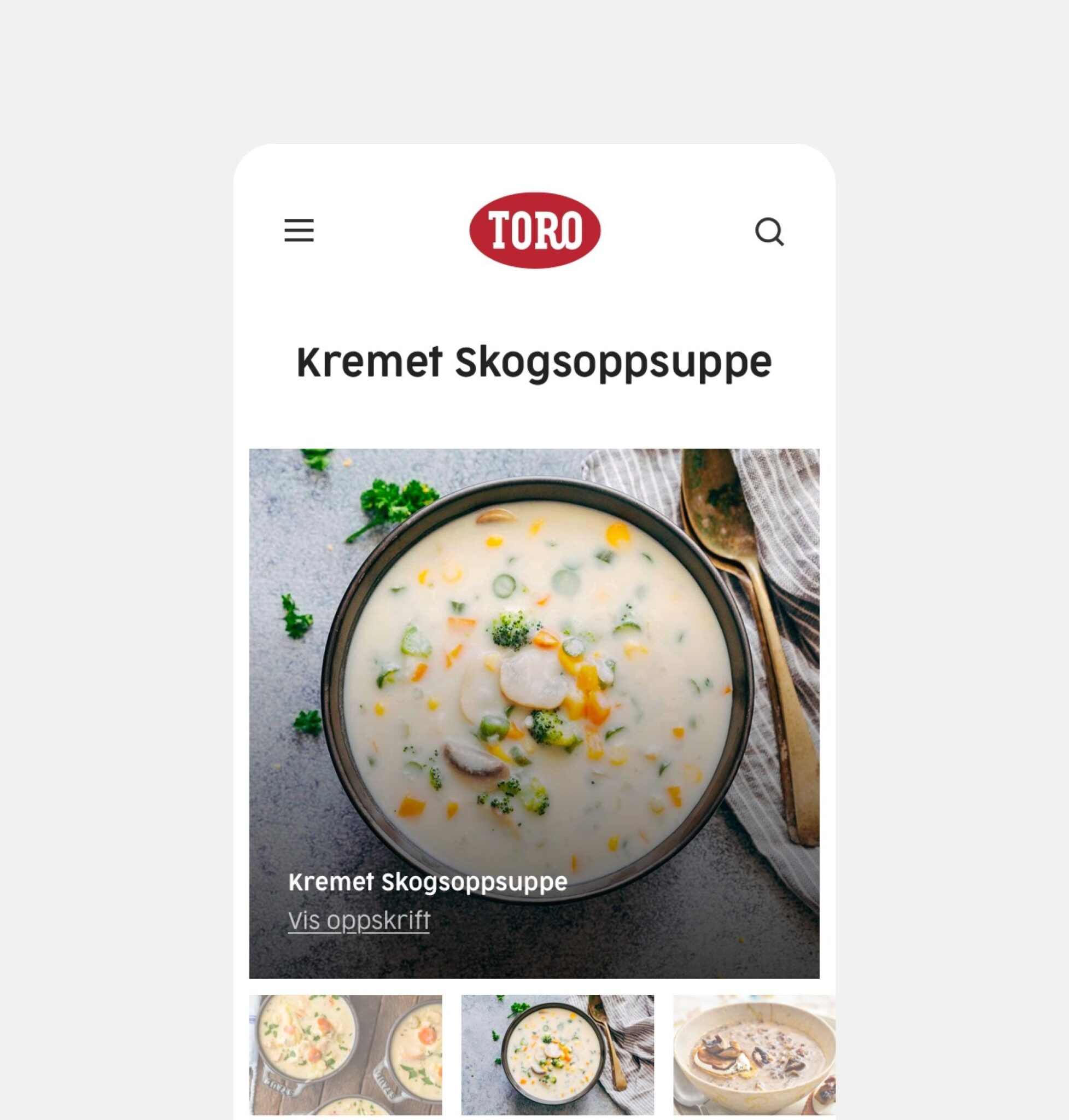 Bilde som viser et mobil skjermbilde av en oppskrift på Toro nettsiden