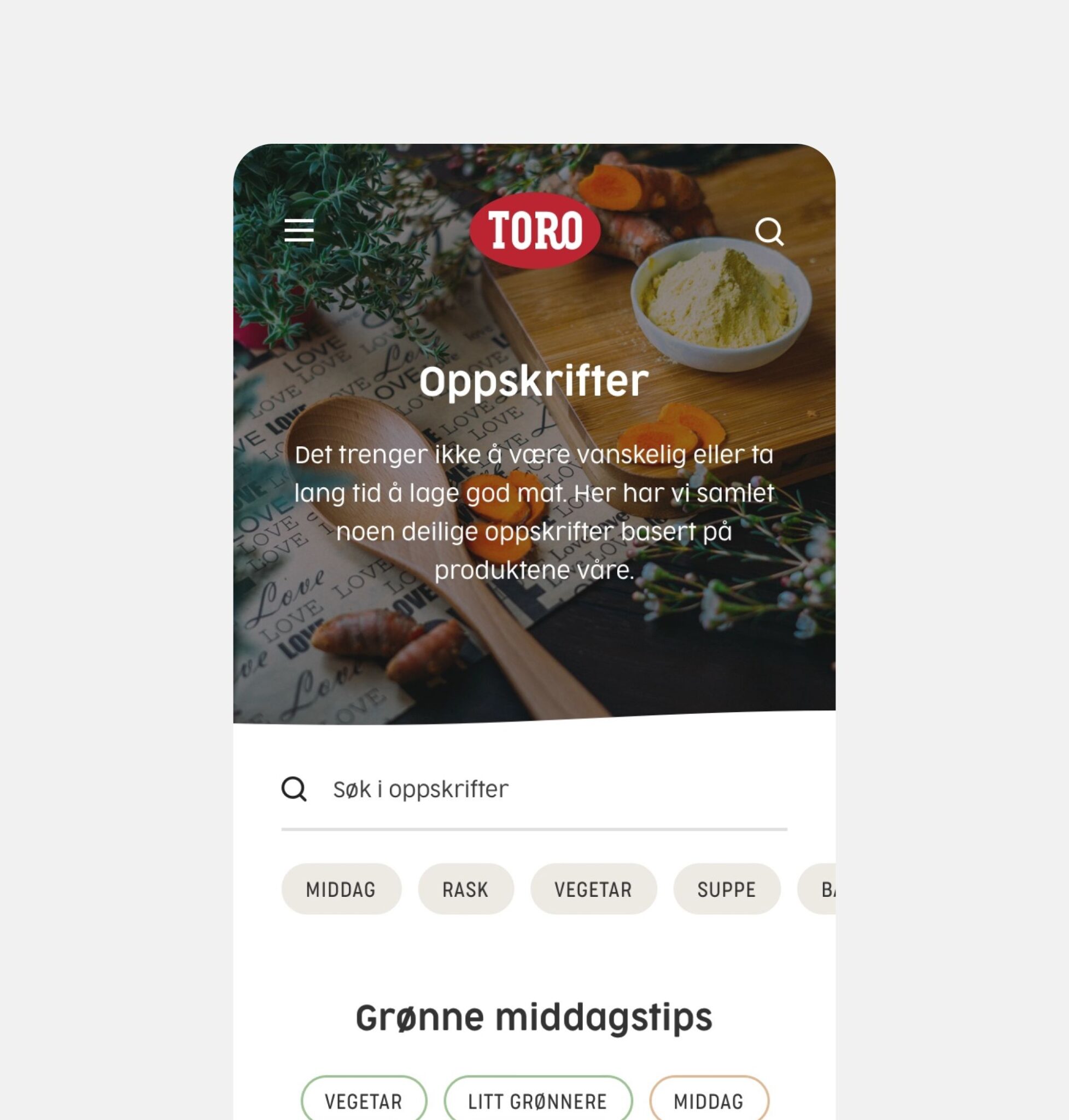 Skjermbilde fra mobil som viser oppskriftssøket på Toro nettsiden