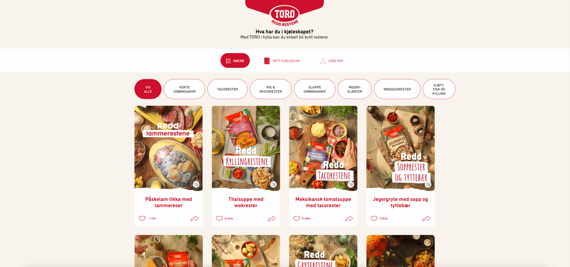 Skjermbilde av Toro's nettsiden som viser tjenesten Redd Restene, som gir tips til hvordan man kan lage gode retter av matrester