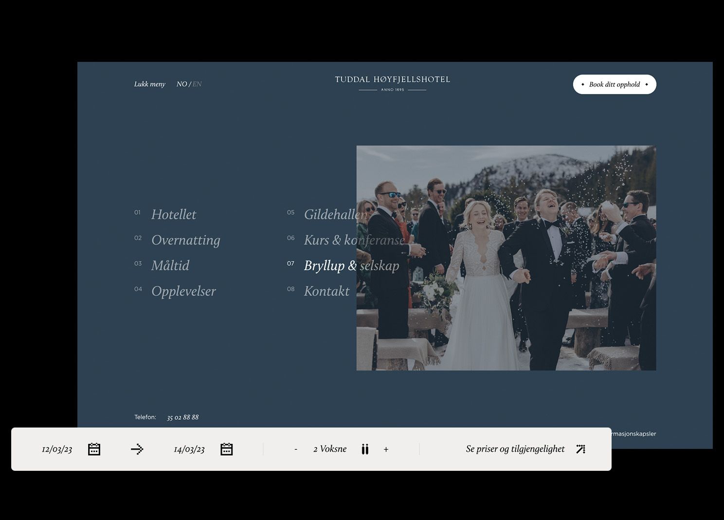 Skjermbilde av nettsidene til Tuddal høyfjellshotell