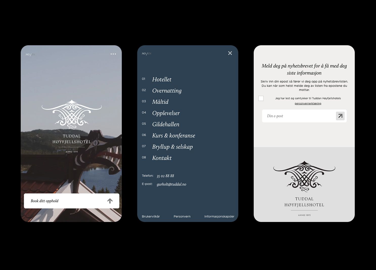 Skermbilder av 3 mobiltelefoner som viser nettsidene til Tuddal hoyfjellshotell og mobilmenyen.