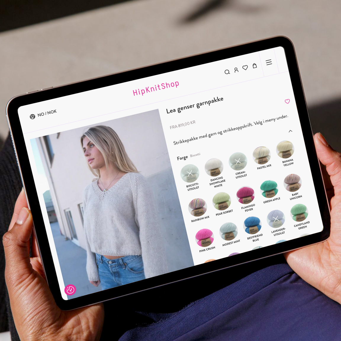 Illustrasjonsbilde som viser Hipknitshop nettbutikken på nettbrett i liggende format